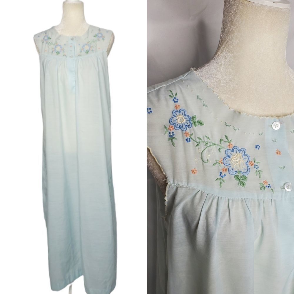 VINTAGE 70s blue house‎ dress embroidered floral sleeveless nightgown M